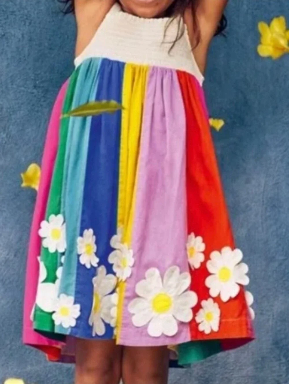 HTF Mini Boden White Smocked Top Rainbow Panel Dress with Daisy Appliqués